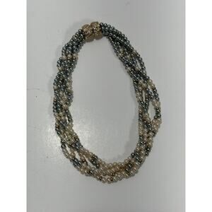 White & Silver-Blue Faux Pearl Six Strand Necklace Chocker Vintage Etch 2 Prym